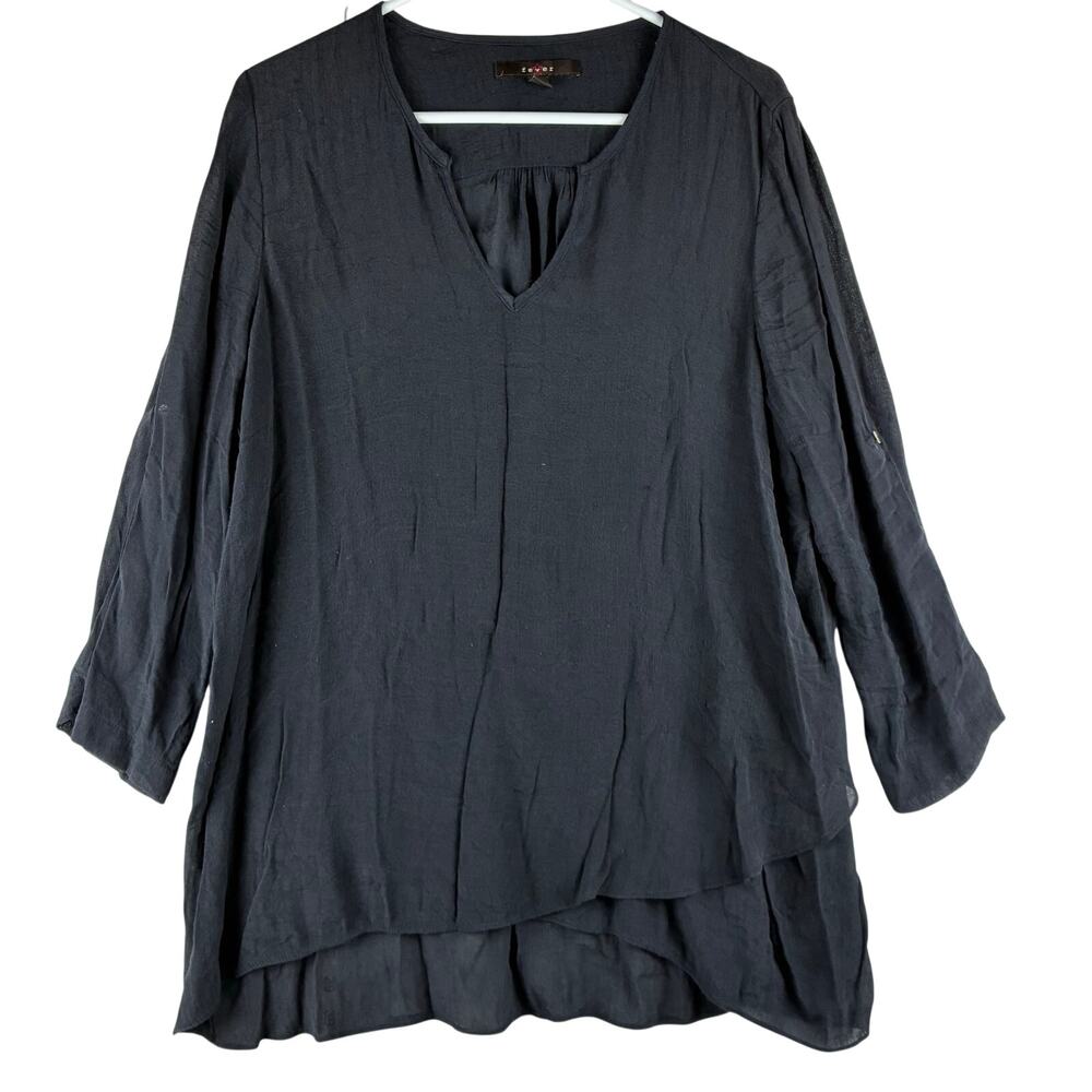 Fever V Neck Tunic Blouse Women's XL Roll Tab Sleeve Lightweight Casual Black